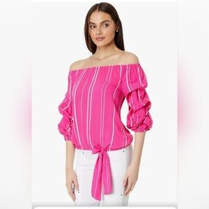 Vince Camuto Bubble Sleeve Off Shoulder Crepe Stripe Blouse Size 1x